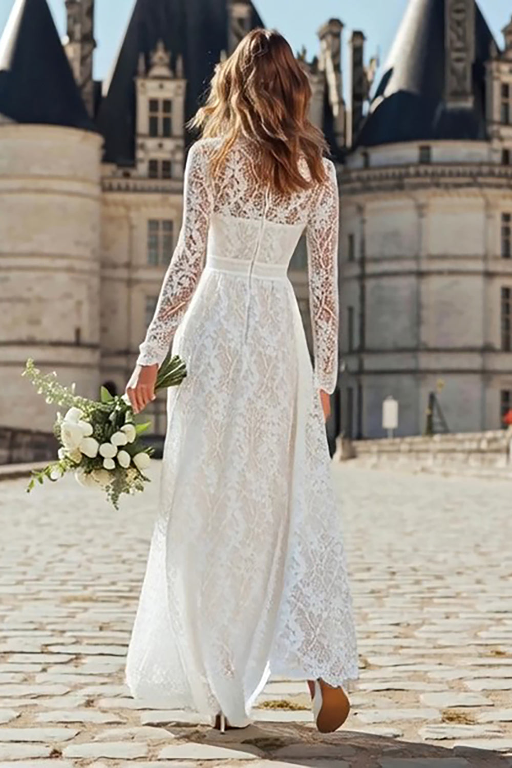 Ivory High Neck Lace Floor Length Wedding Dress with Sleeves