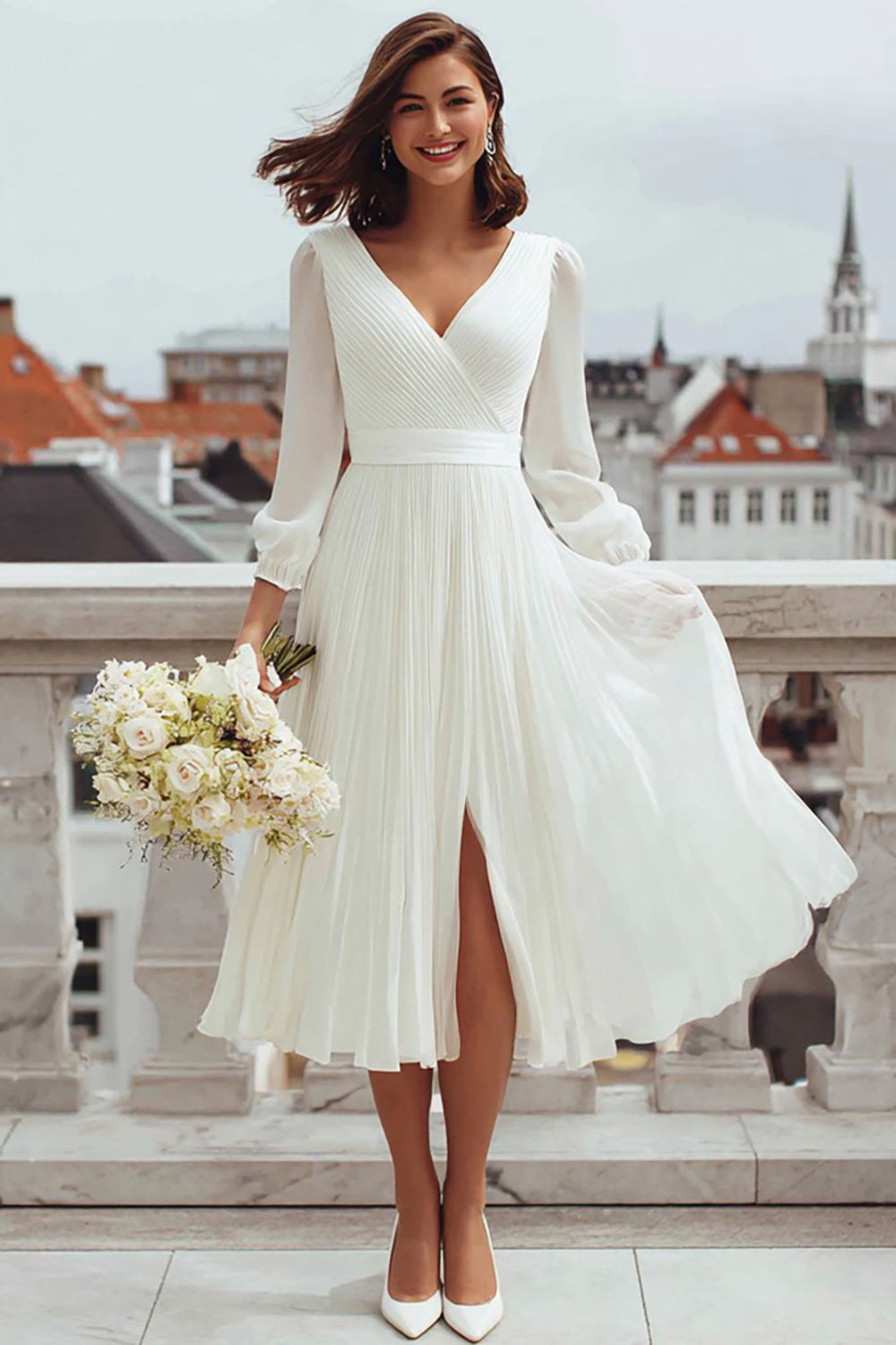Ivory V-Neck A Line Midi Engagement Dress with Slit