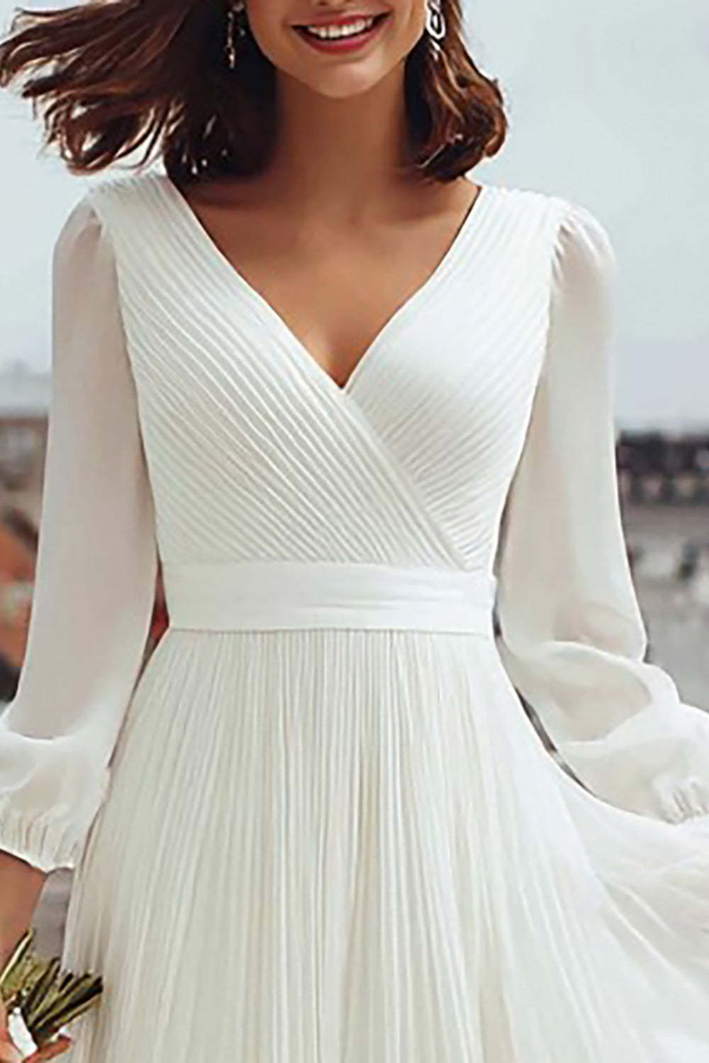 Ivory V-Neck A Line Midi Engagement Dress with Slit