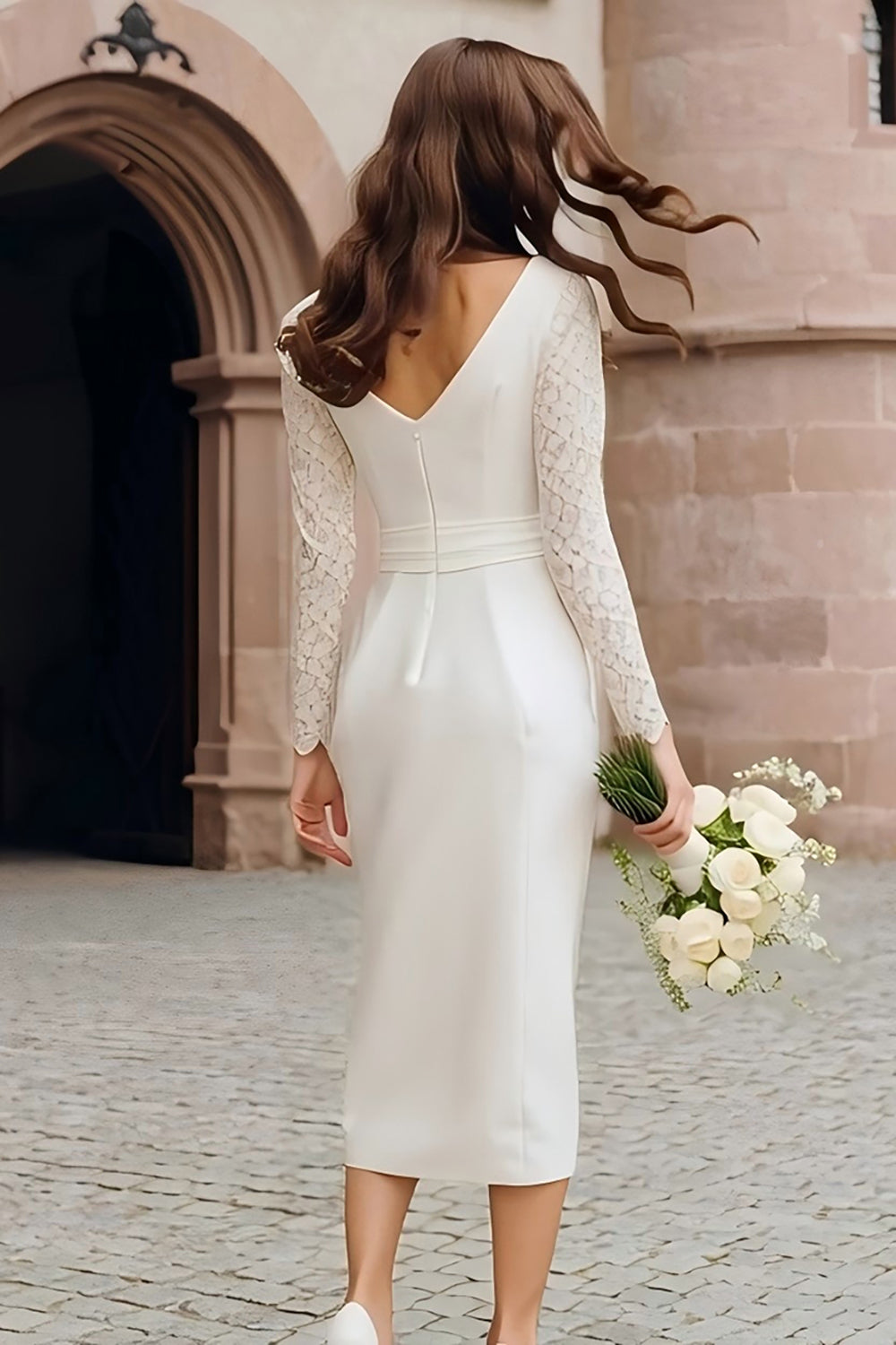Ivory Boat Neck Bodycon Midi Wedding Reception Dress with Lace