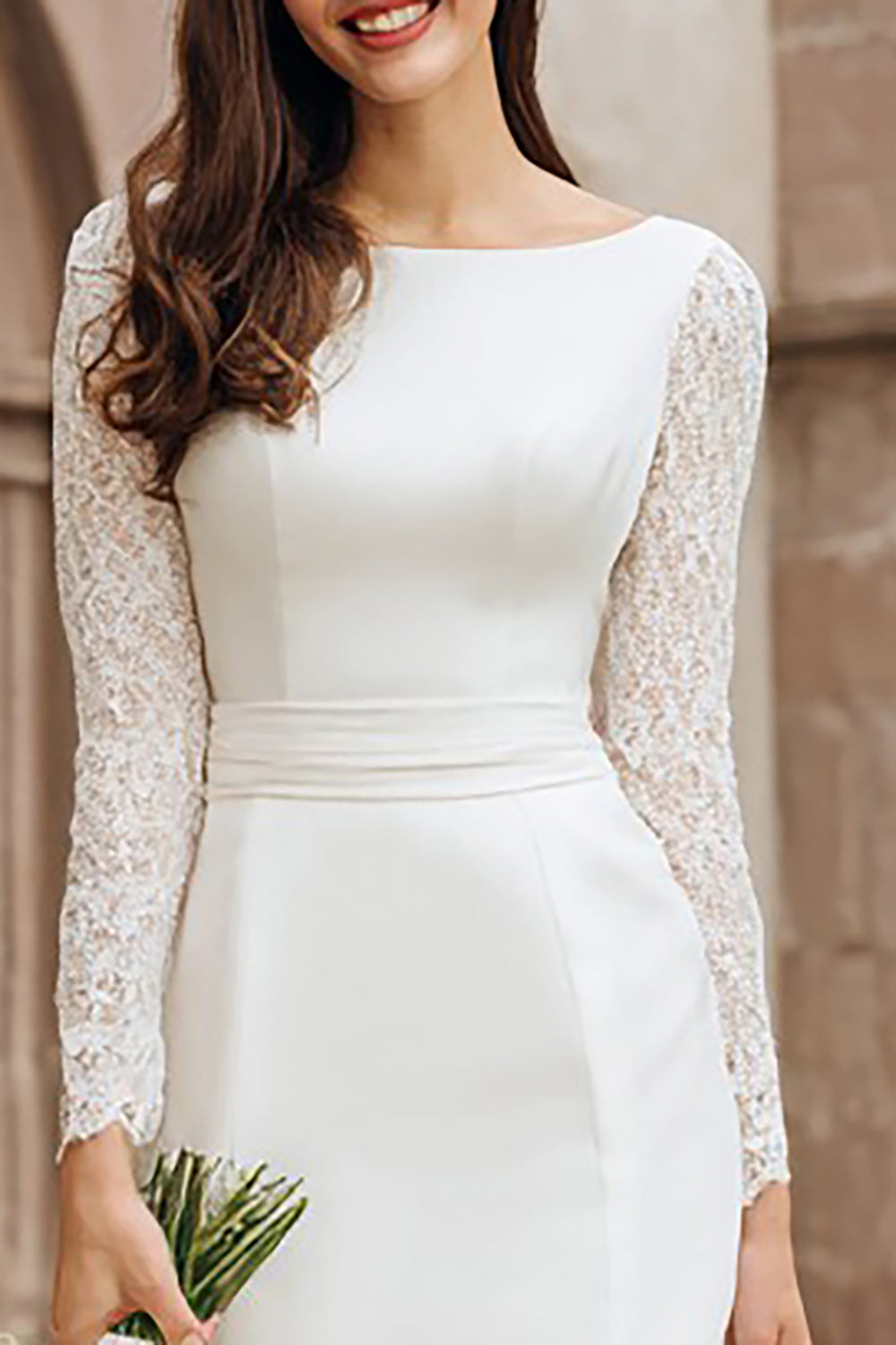 Ivory Boat Neck Bodycon Midi Wedding Reception Dress with Lace