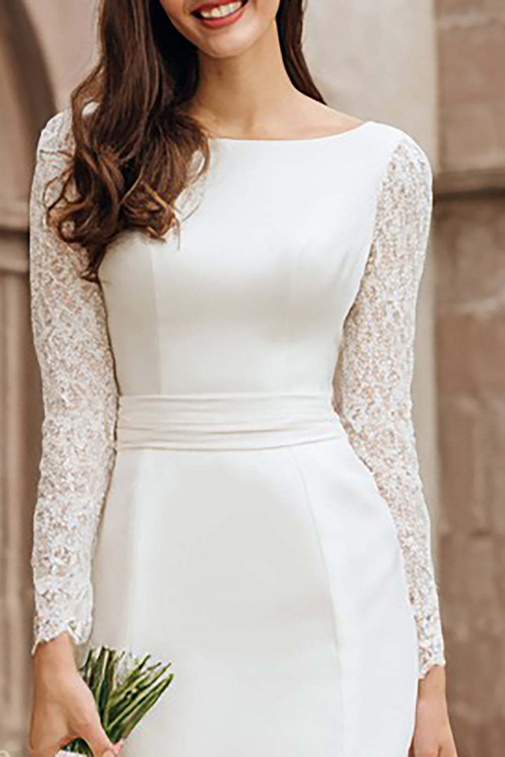 Ivory Boat Neck Bodycon Midi Wedding Reception Dress with Lace