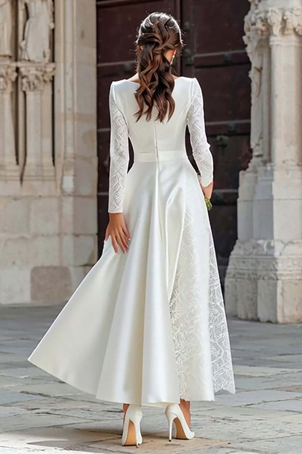 Ivory Boat Neck A Line Long Sleeves Engagement Dress with Pockets