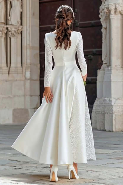 Ivory Boat Neck A Line Long Sleeves Engagement Dress with Pockets