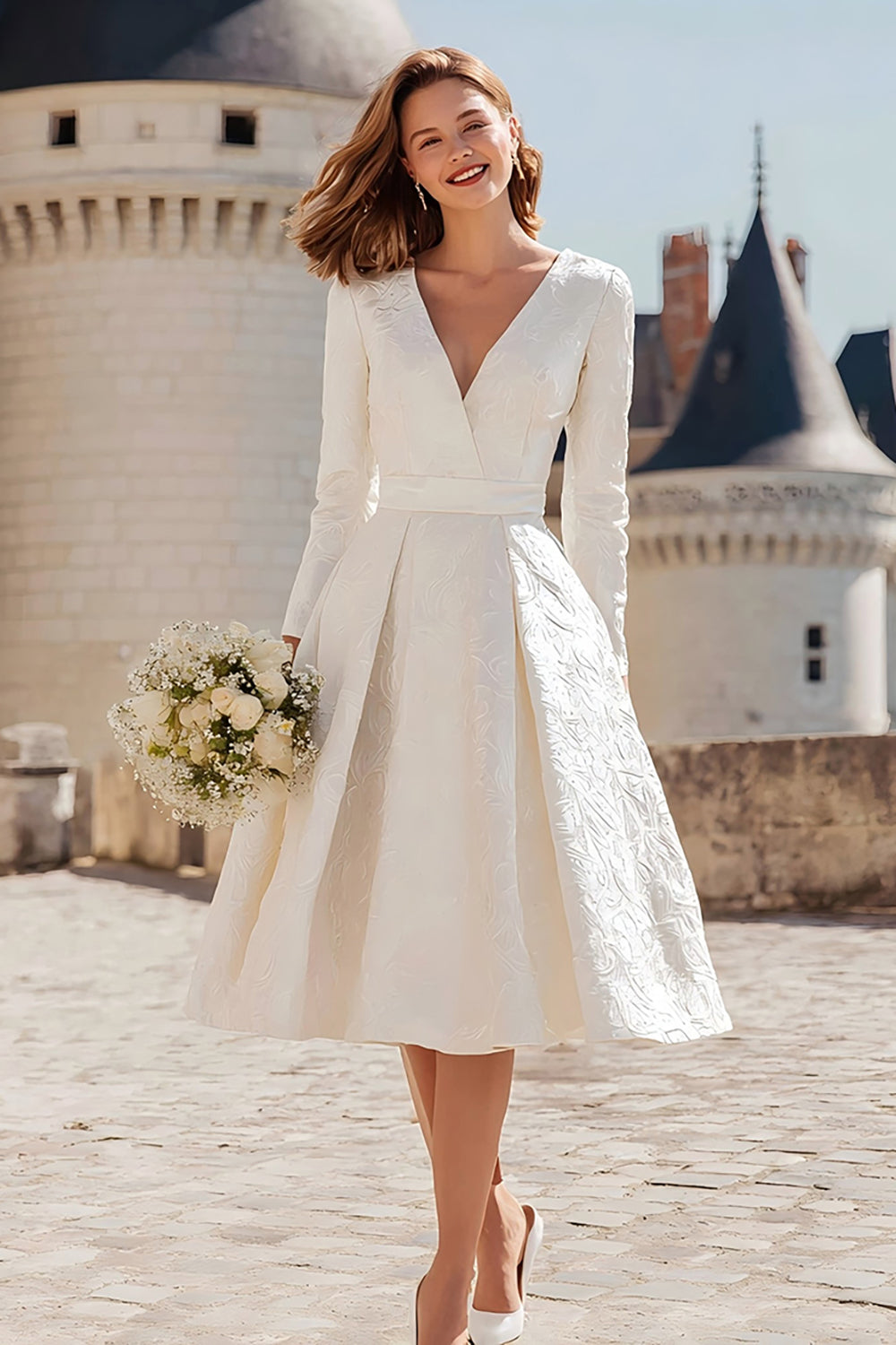 Simple Ivory V-Neck A Line Midi Engagement Dress with Sleeves