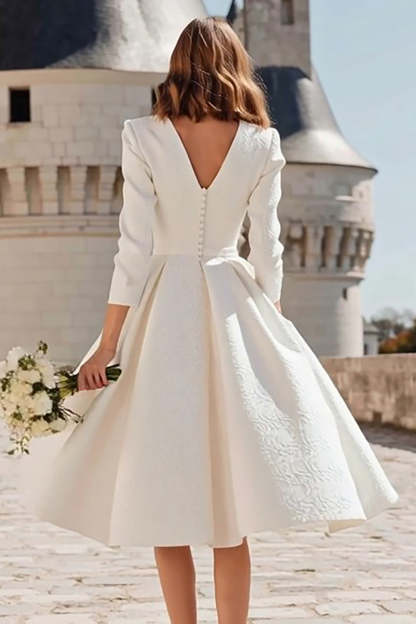 Simple Ivory V-Neck A Line Midi Engagement Dress with Sleeves