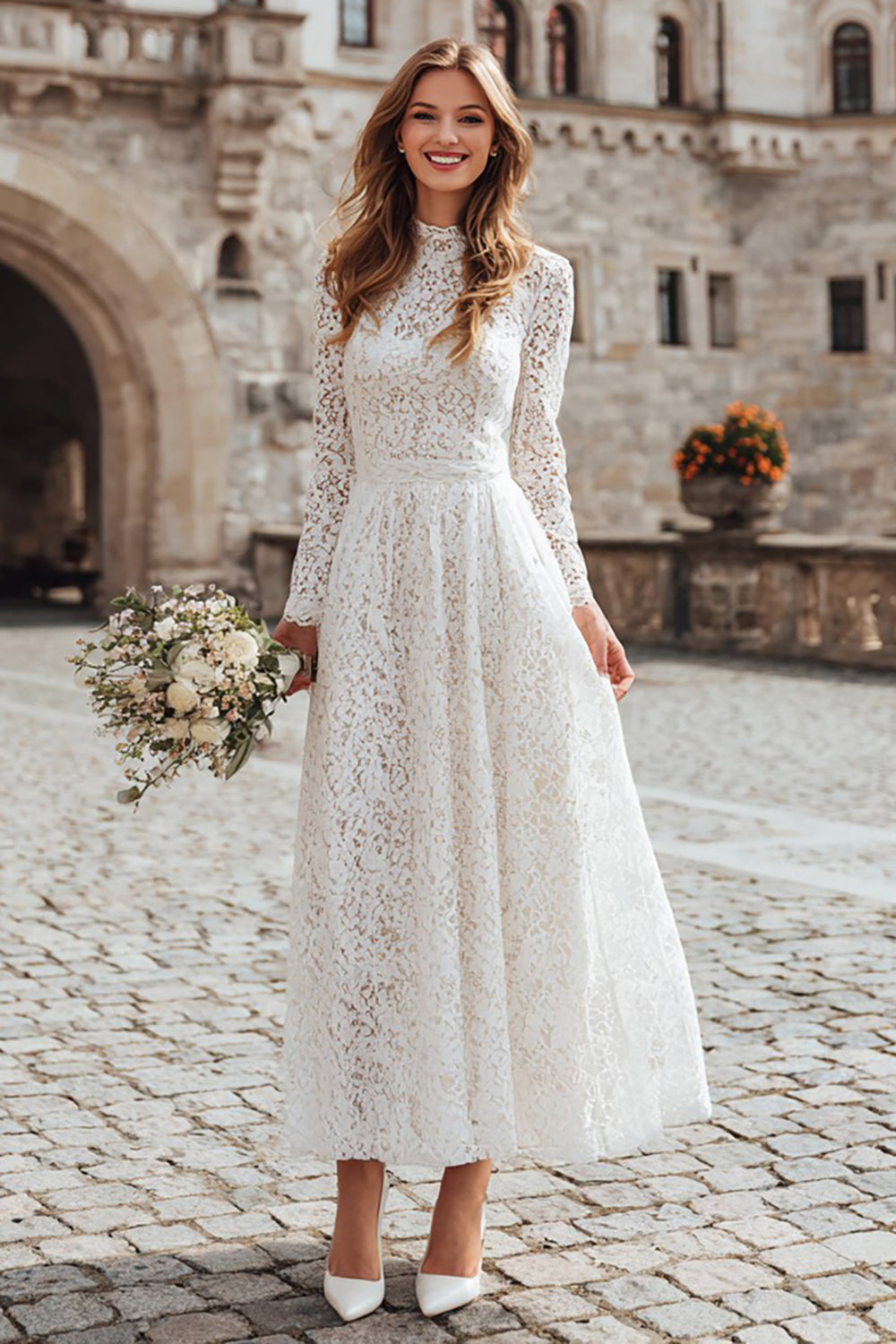 Leely Women Ivory Lace Maxi Wedding Dress A Line Long Sleeves High Neck Engagement Dress