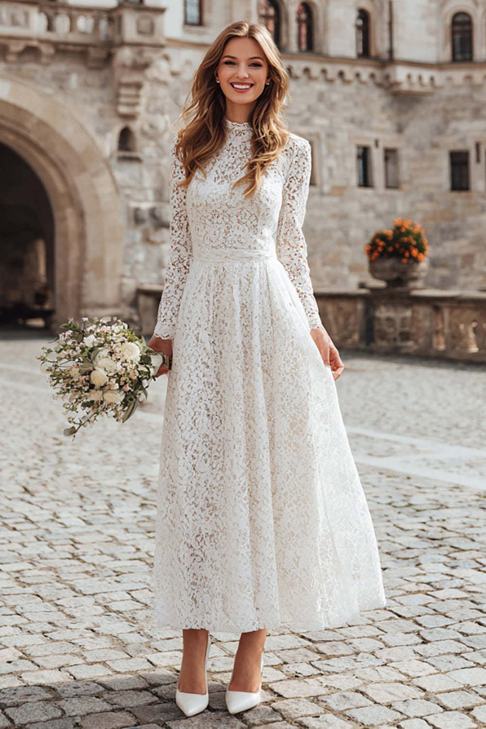 Leely Women Ivory Lace Maxi Wedding Dress A Line Long Sleeves High Neck Engagement Dress