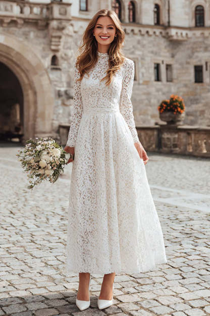 Leely Women Ivory Lace Maxi Wedding Dress A Line Long Sleeves High Neck Engagement Dress