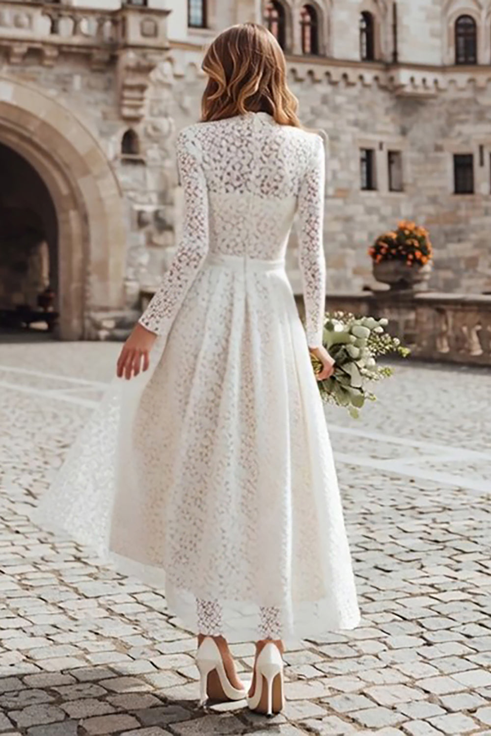 Ivory Lace Long Sleeves A Line Wedding Dress