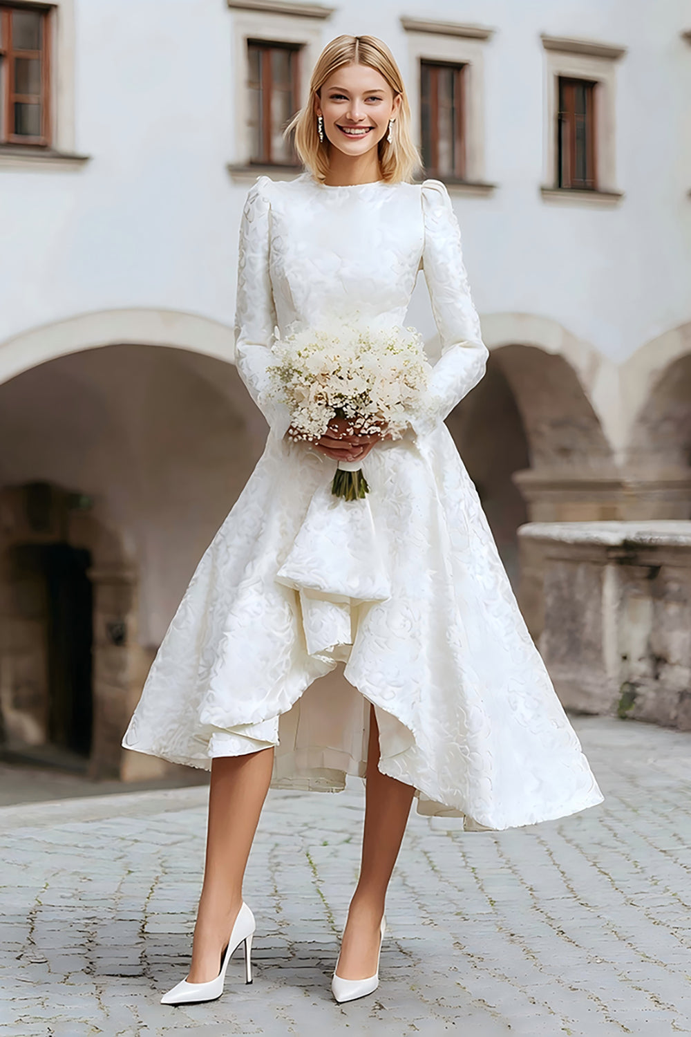 Leely Women Ivory High-Low Wedding Dress with Sleeves Round Neck A Line Asymmetrical Engagement Dress