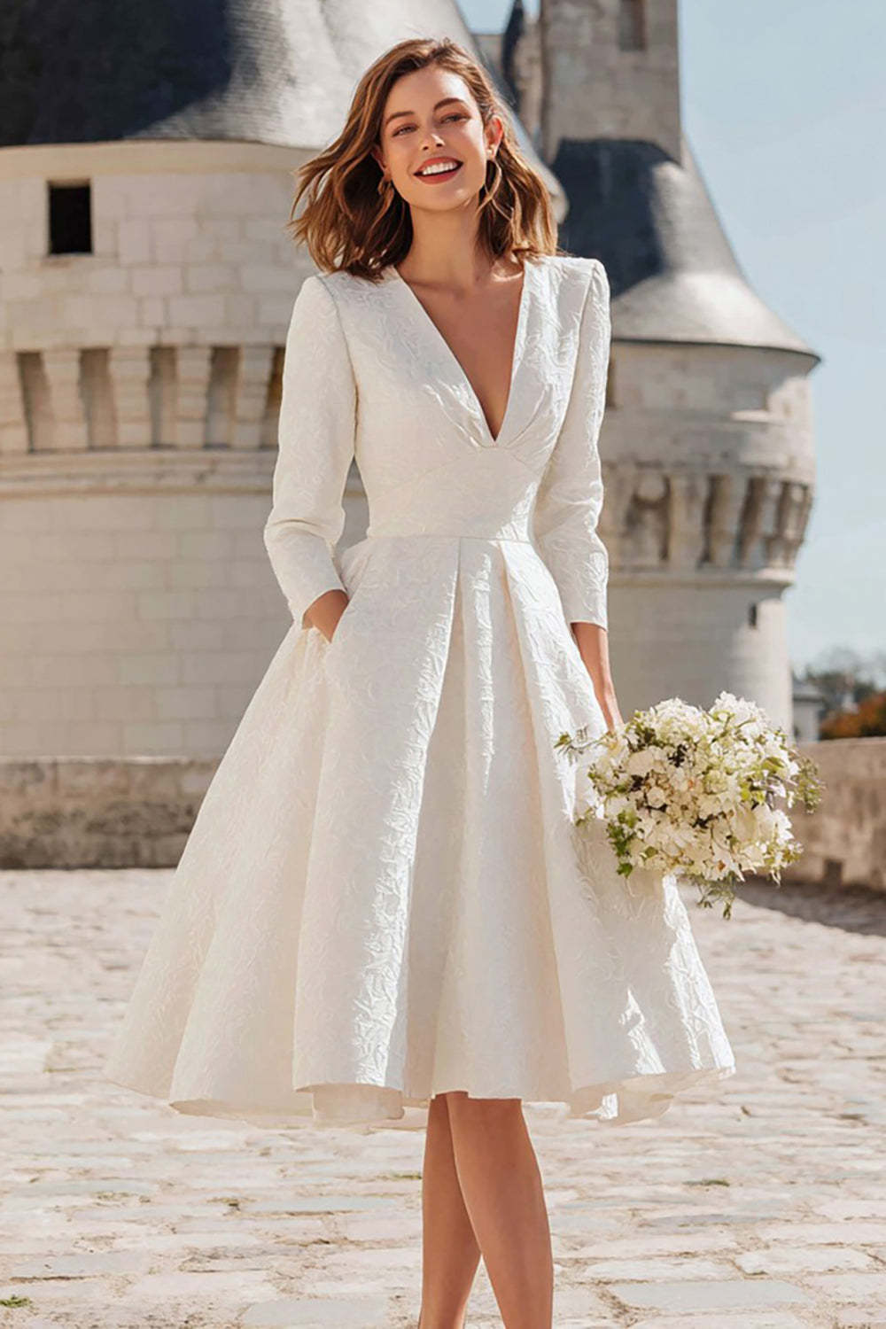 Leely Women Ivory Midi Bridal Dress with Pockets V-Neck Long Sleeves A Line Engagement Dress Courthouse Wedding Dress Elopemenet Dress