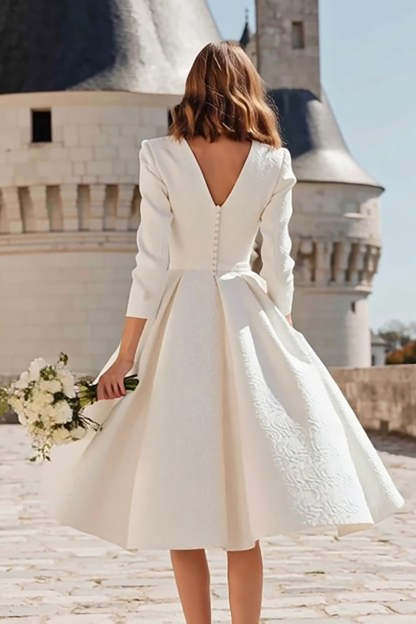 Ivory A Line V-Neck Midi Bridal Dress with Pockets