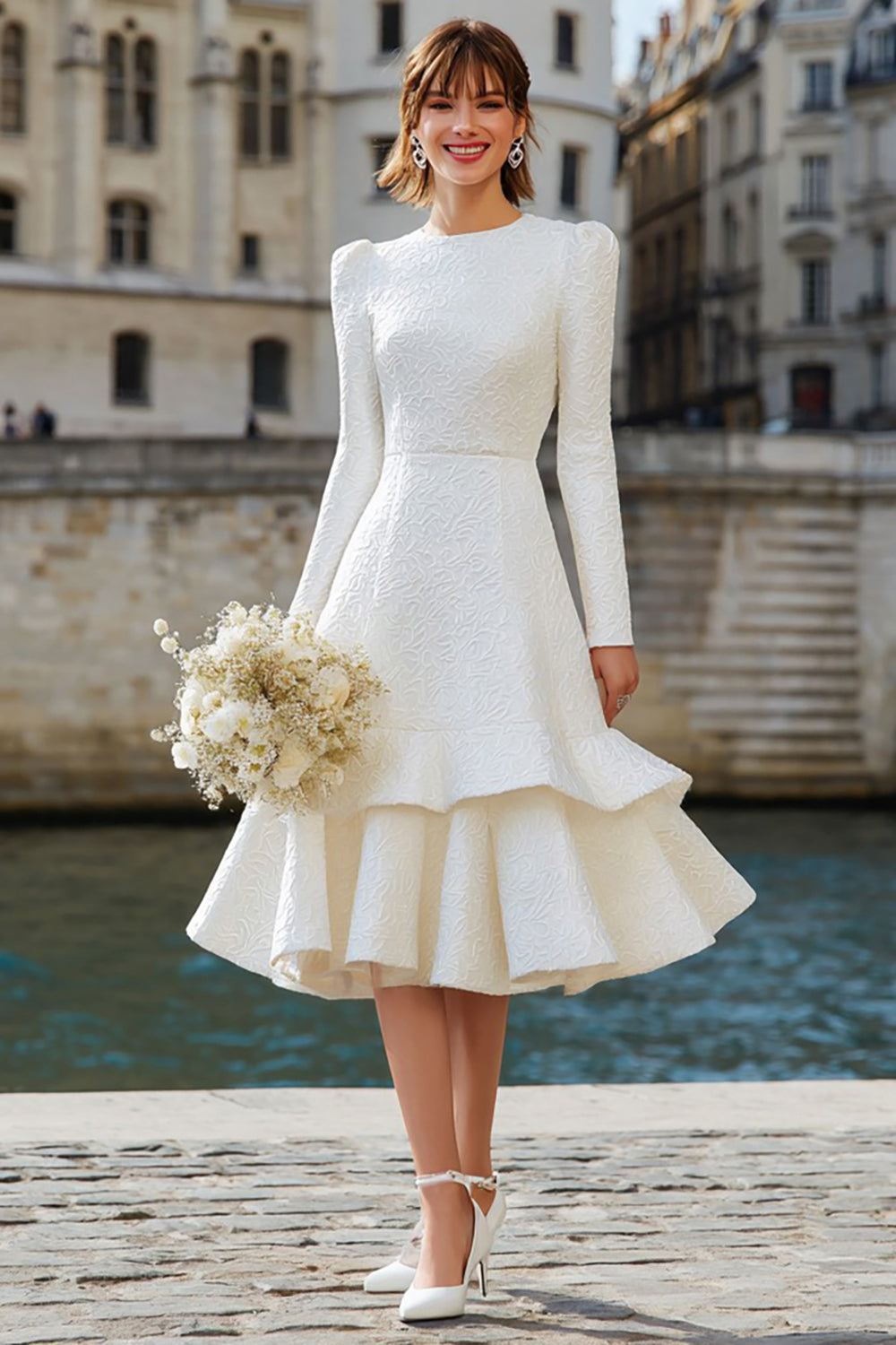 Leely Women Ivory Tiered Midi Bridal Dress with Ruffles Long Sleeves A Line Engagement Dress