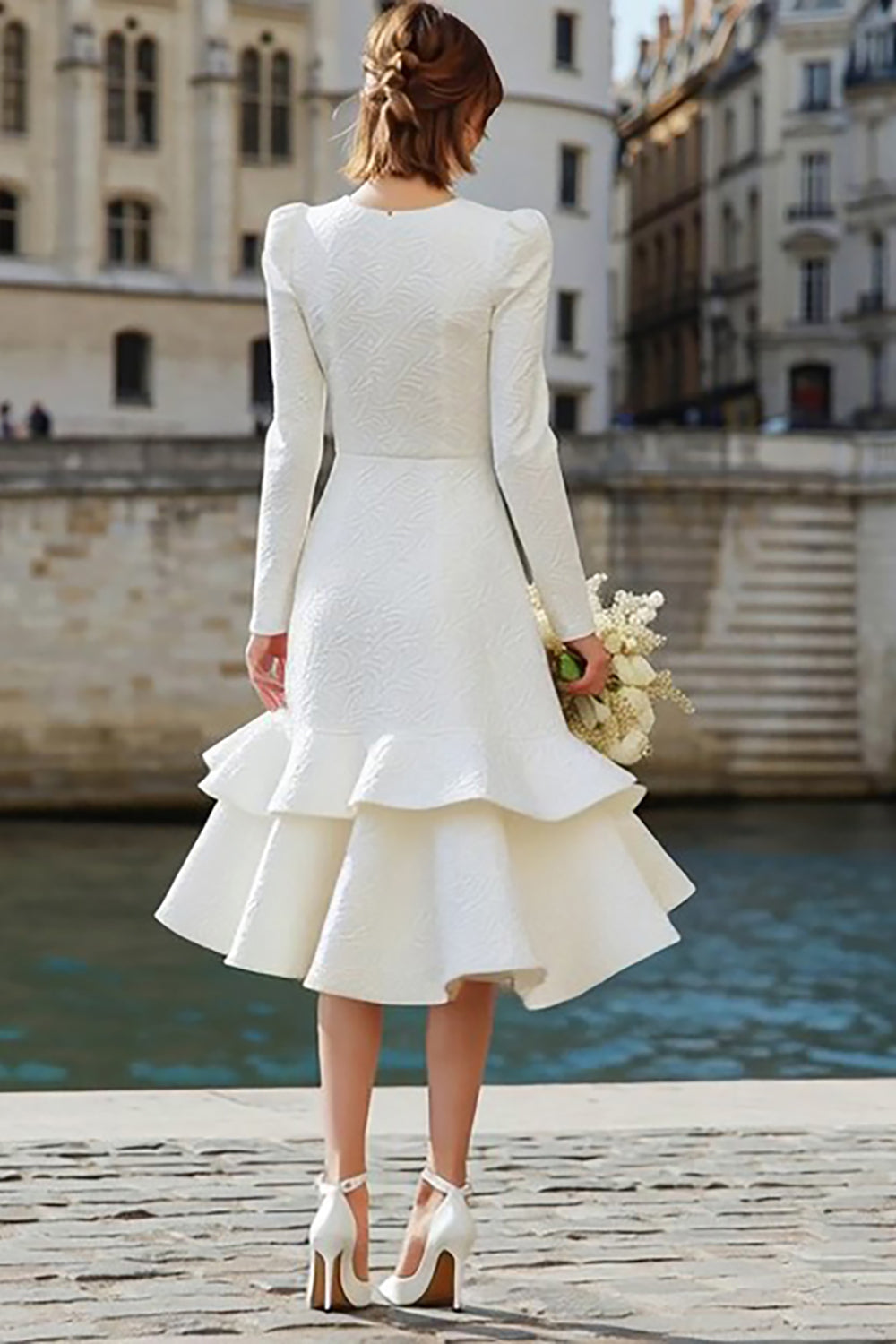 Ivory Long Sleeves A Line Midi Bridal Dress with Ruffles