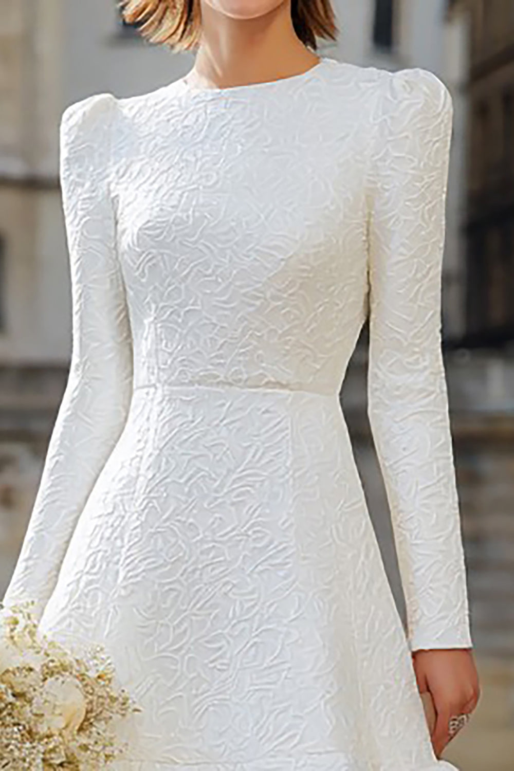 Ivory Long Sleeves A Line Midi Bridal Dress with Ruffles
