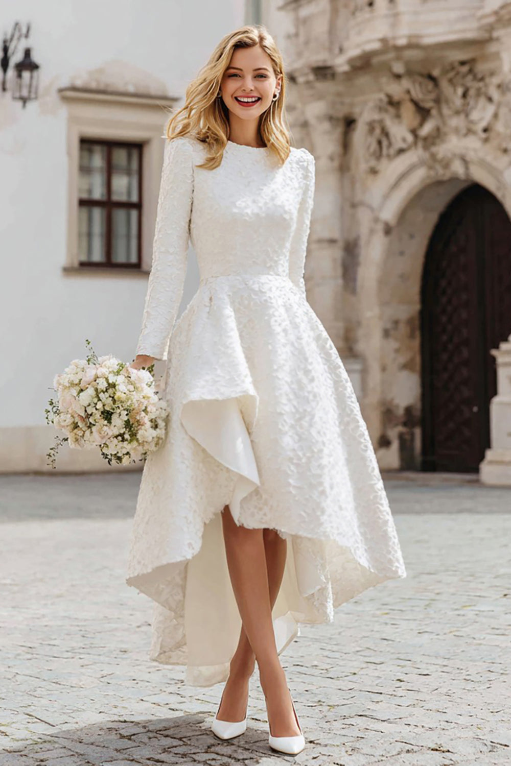 Ivory Round Neck A Line High-Low Engagement Dress with Sleeves