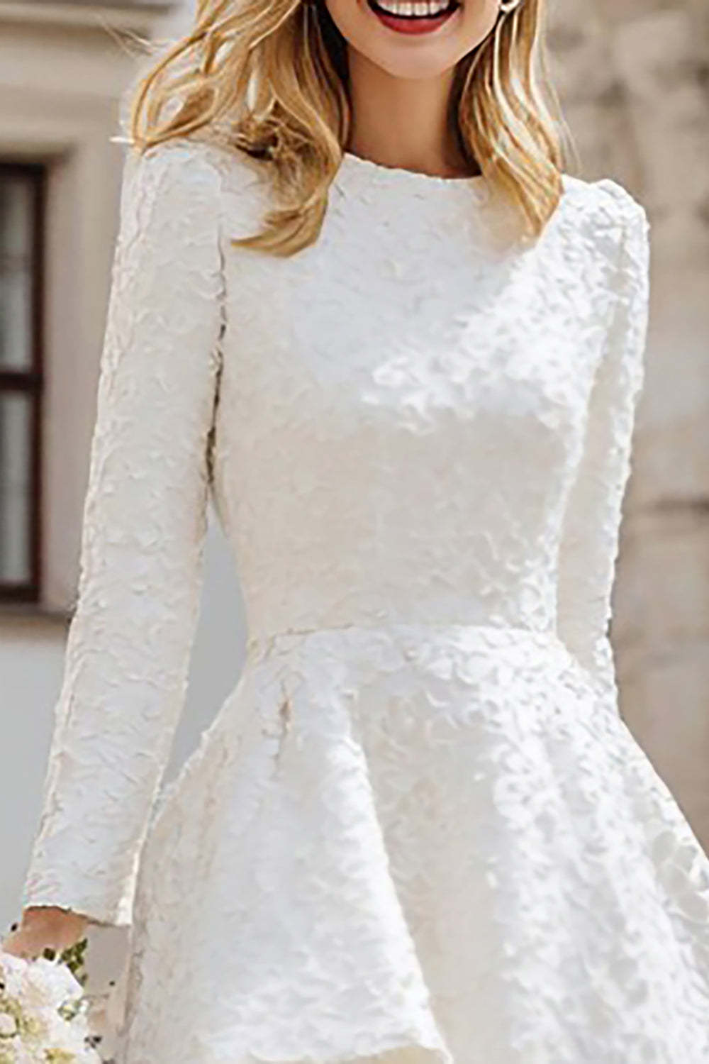 Ivory Round Neck A Line High-Low Engagement Dress with Sleeves