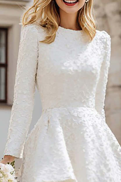 Ivory Round Neck A Line High-Low Engagement Dress with Sleeves