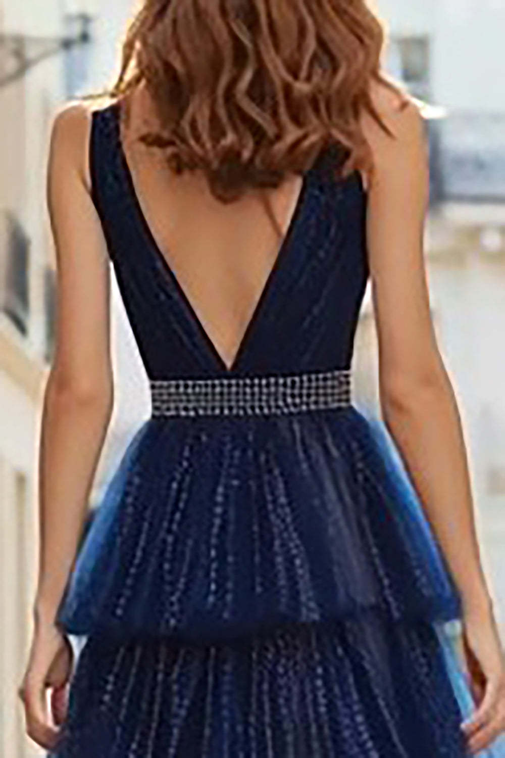 Sparkly Navy Beaded Tulle Ruffled Long Prom Dress
