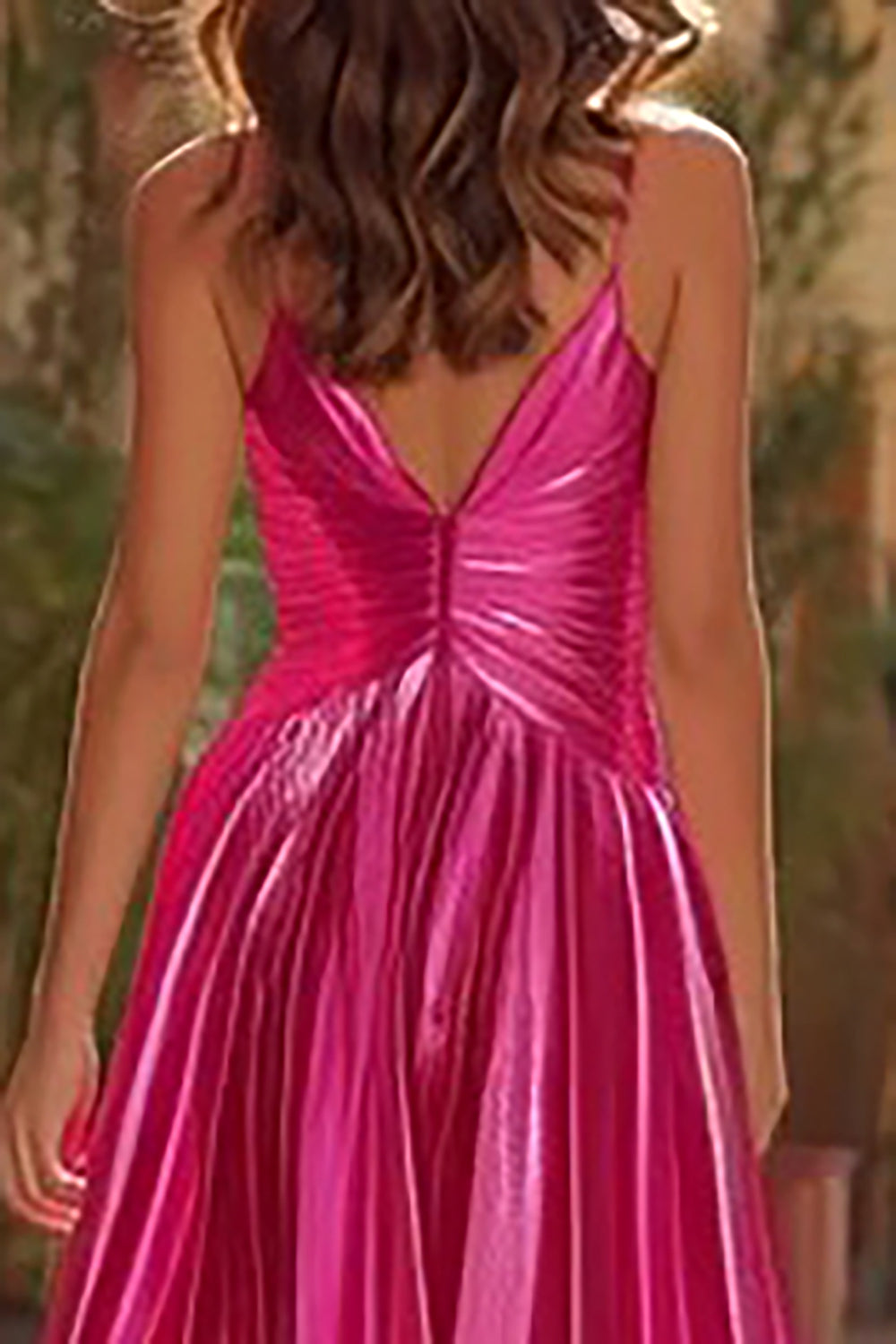 Sparkly Fuchsia Pleated Metallic Spaghetti Straps Long Prom Dress with Slit