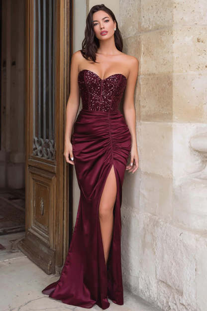 Leely Women Sparkly Burgundy Long Satin Prom Dress with Slit Strapless Ruched Mermaid Sequin Evening Dress
