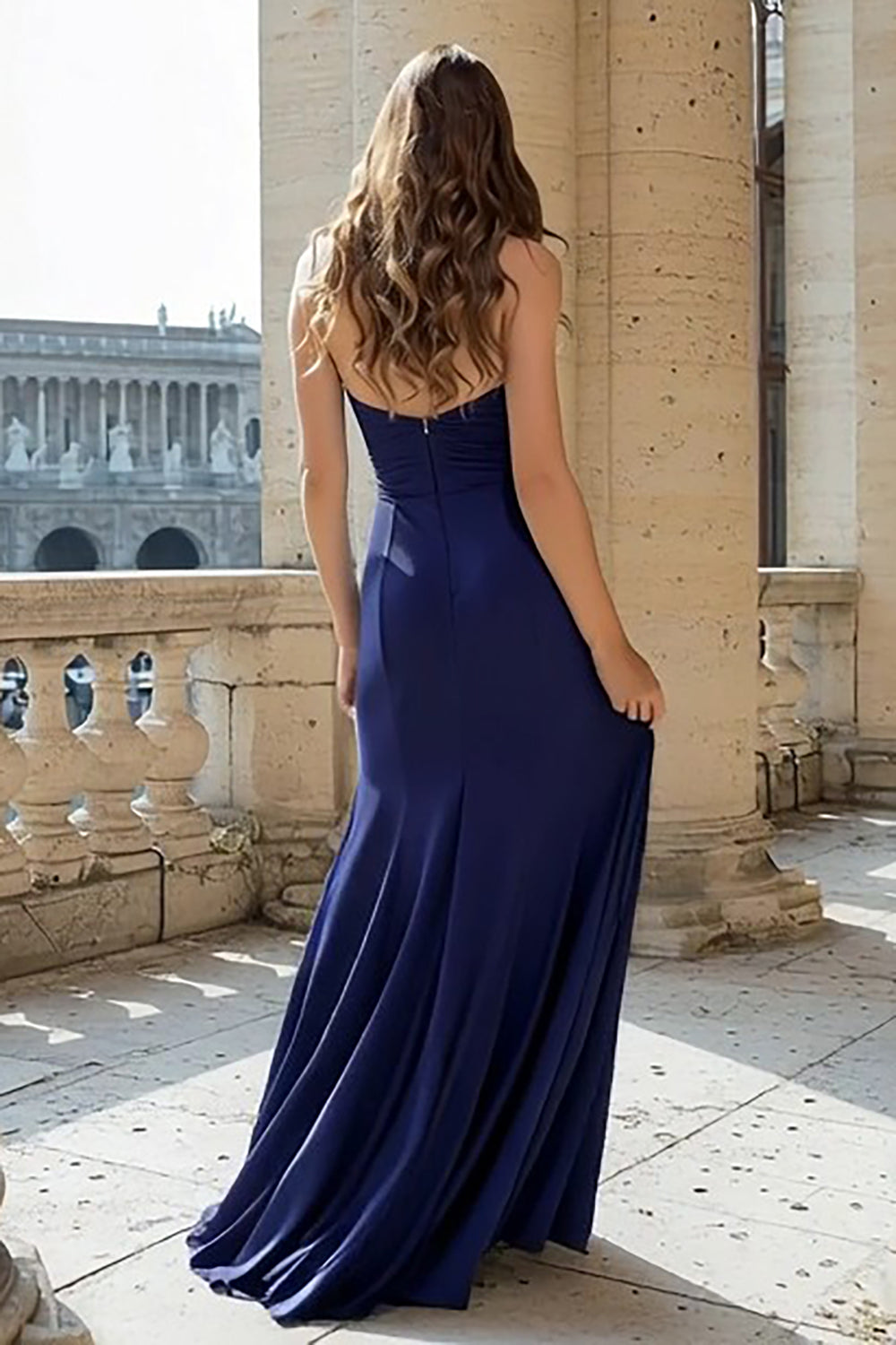 Navy Halter Ruched Mermaid Maxi Prom Dress