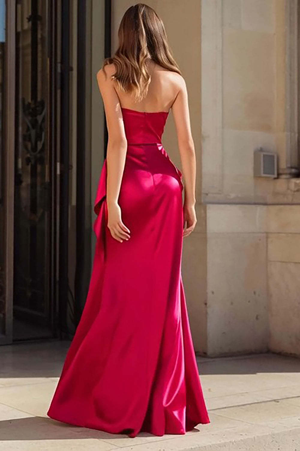 Fuchsia Strapless Mermaid Long Ruched Prom Dress with Side Cape
