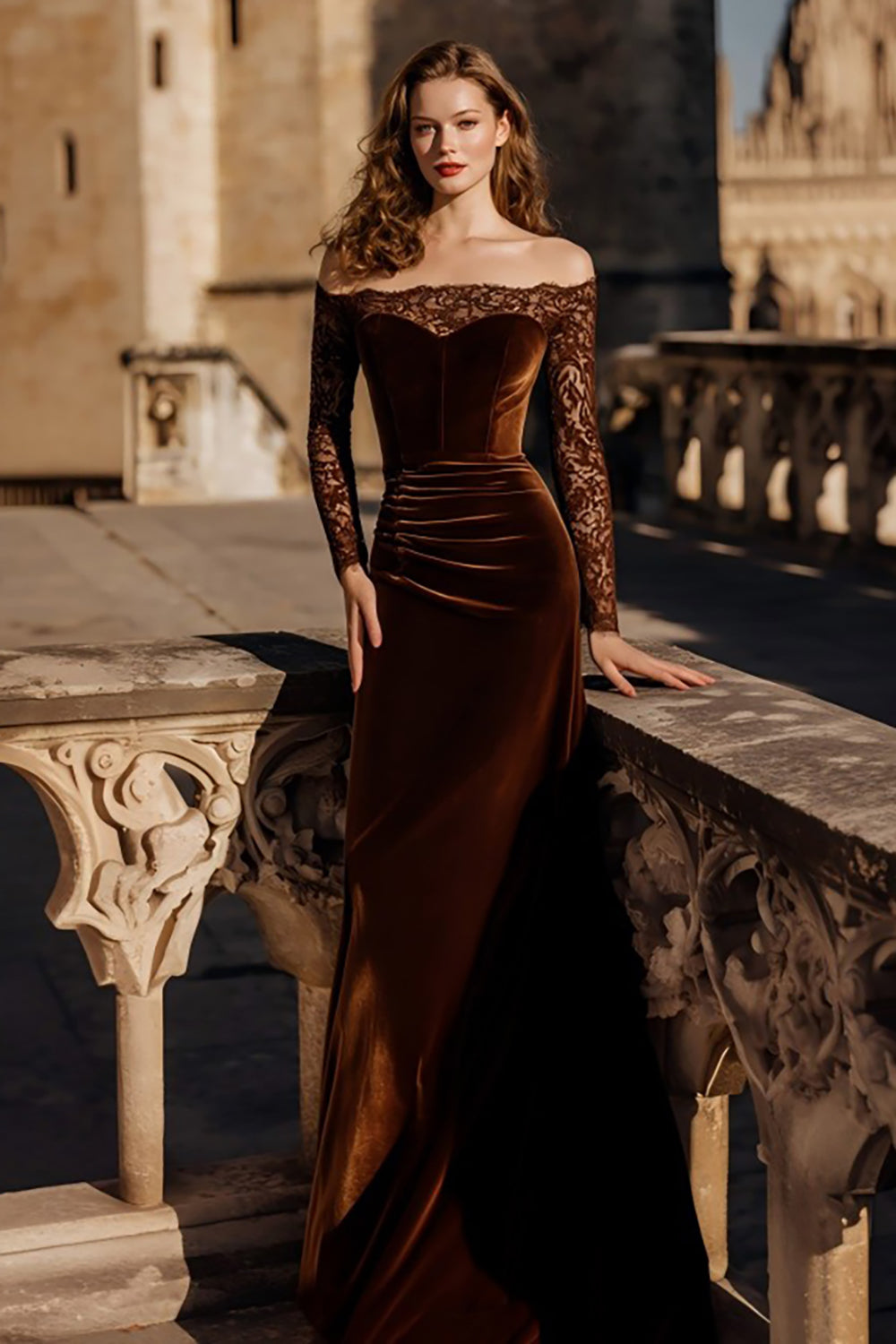 Leely Women Brown Velvet Long Holiday Party Dress with Lace Mermaid Off the Shoulder Evening Dress with Sleeves Leely Women Brown Velvet Long Holiday Party Dress with Lace Mermaid Off the Shoulder Evening Dress with Sleeves