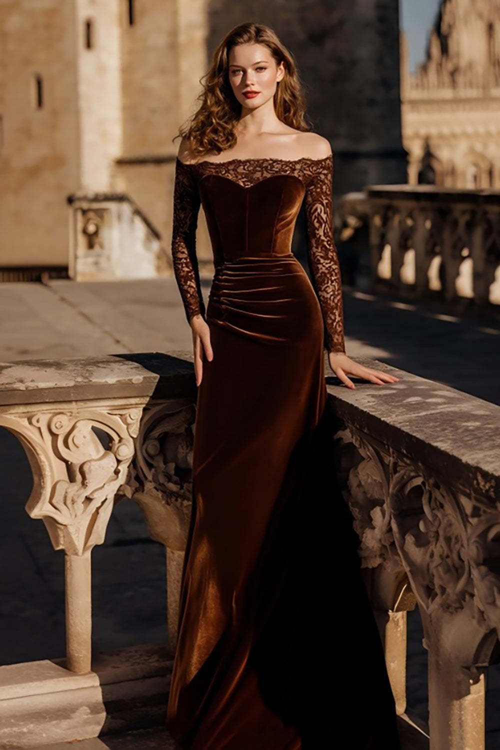 Leely Women Brown Velvet Long Holiday Party Dress with Lace Mermaid Off the Shoulder Evening Dress with Sleeves