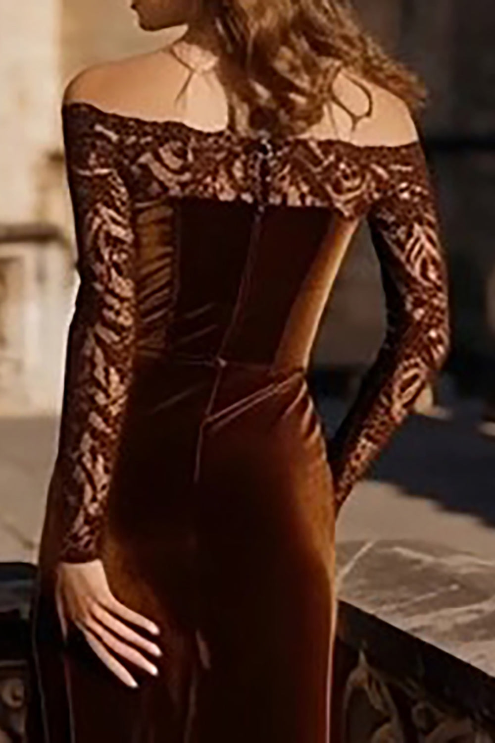 Brown Velvet Off the Shoulder Mermaid Long Holiday Party Dress with Lace