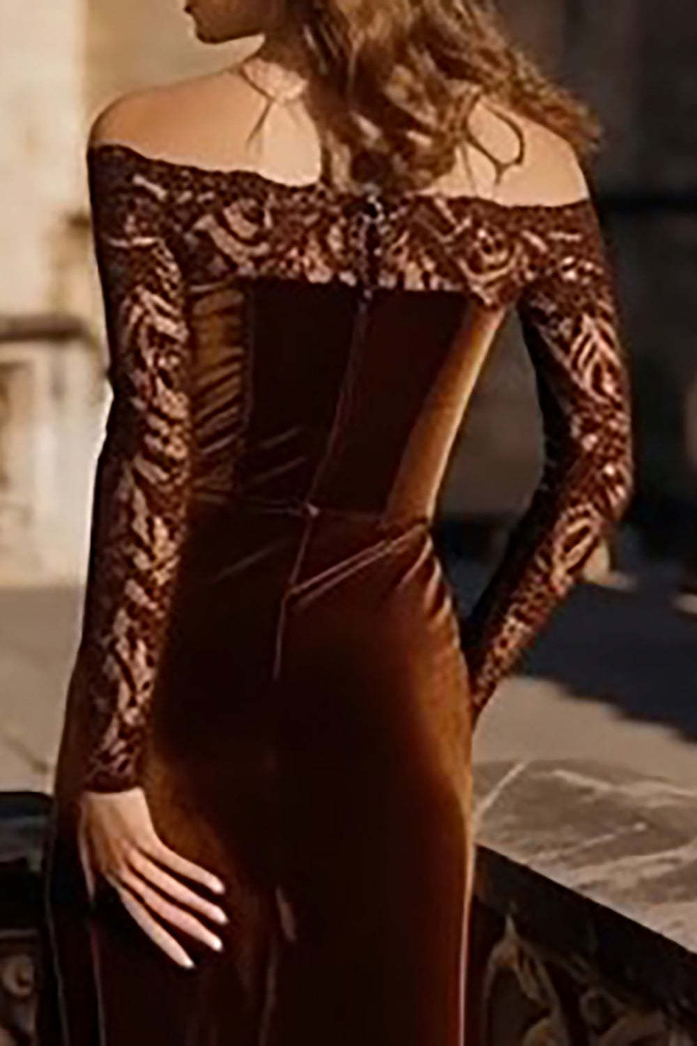 Brown Velvet Off the Shoulder Mermaid Long Holiday Party Dress with Lace