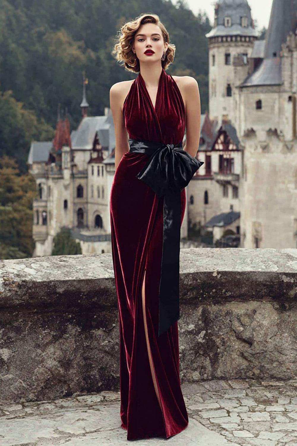 Leely Women Burgundy Mermaid Velvet Long Holiday Party Dress with Bow Halter Ruched Backless Evening Dress
