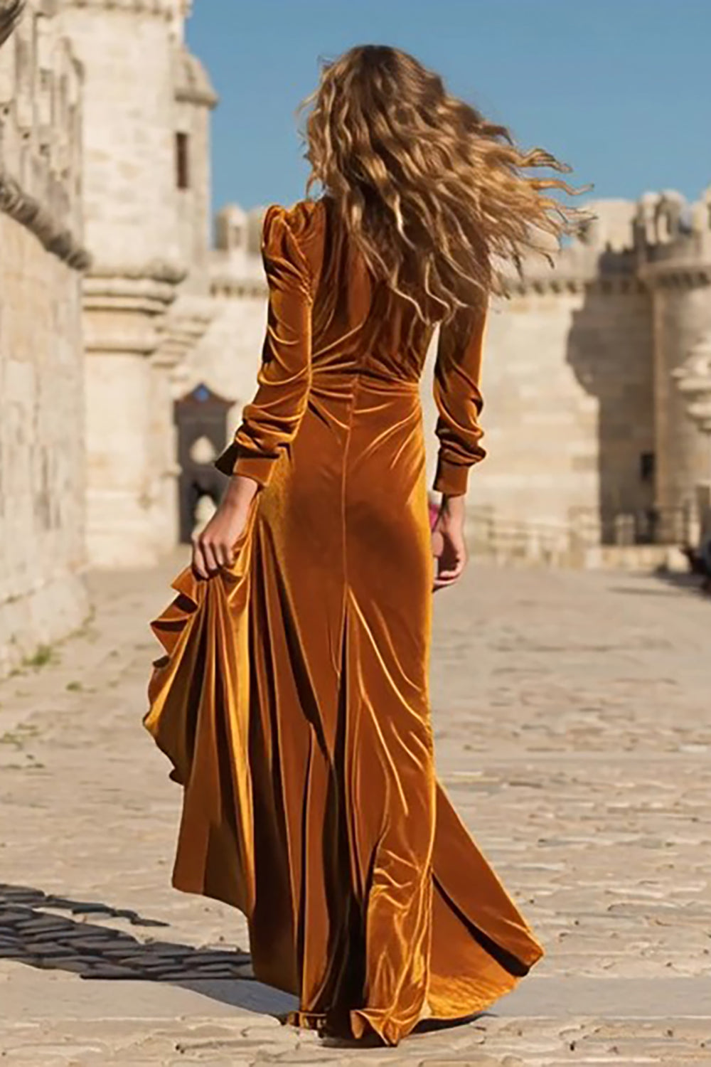 Caramel Ruffled Velvet Long Holiday Party Dress with Slit