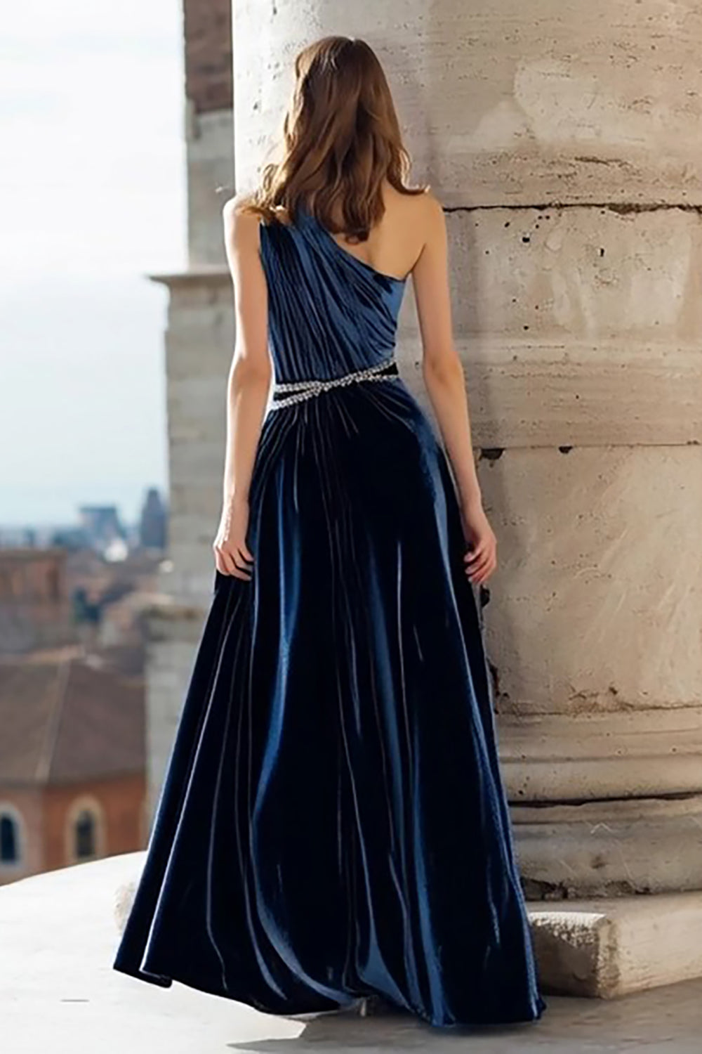 Sparkly Navy Beaded Velvet A Line Long Holiday Party Dress