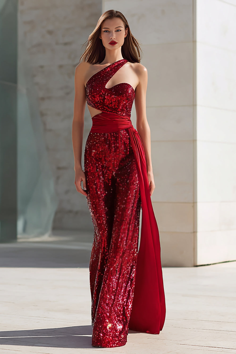 Sparkly Red Mermaid One Shoulder Long Prom Dress with Side Cape