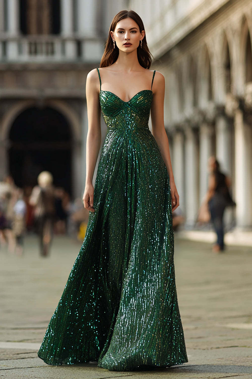 Leely Women Sparkly Dark Green Long Prom Dress Sequin Spaghetti Straps A Line Holiday Party Dress