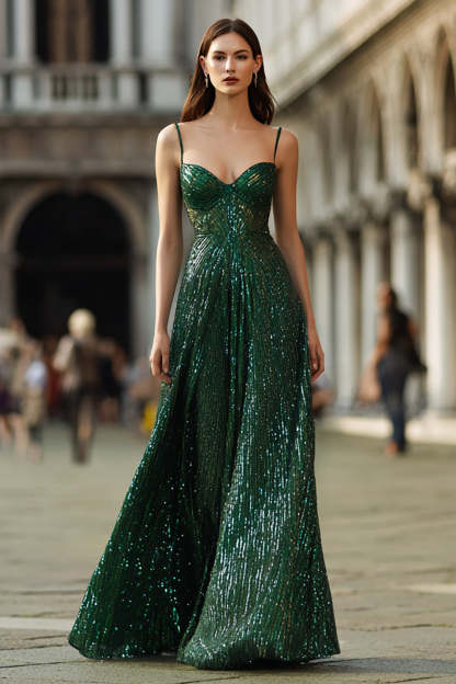 Leely Women Sparkly Dark Green Long Prom Dress Sequin Spaghetti Straps A Line Holiday Party Dress
