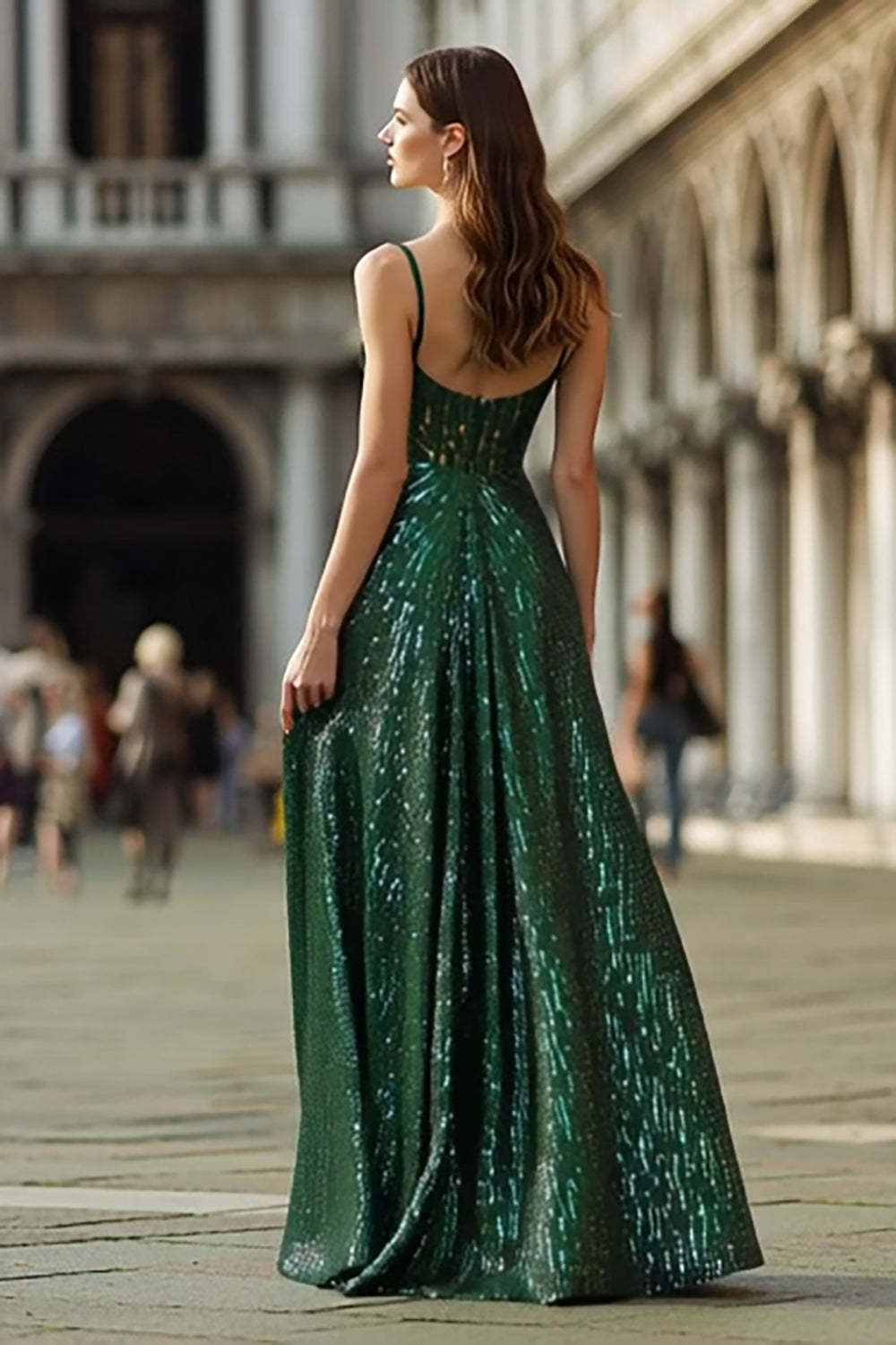 Sparkly Dark Green Sequins Spaghetti Straps Long Prom Dress