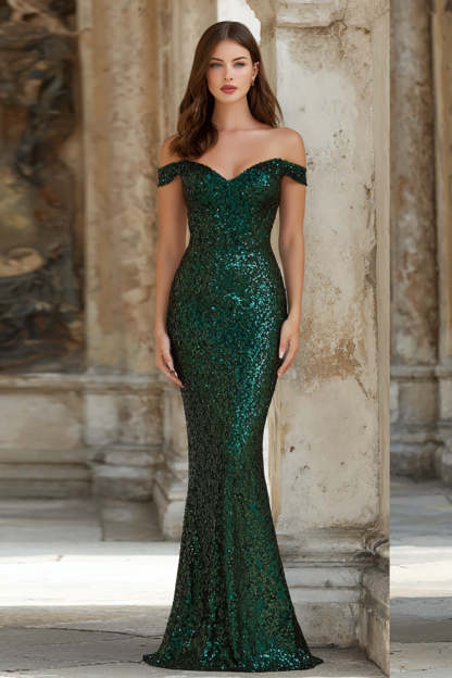 Leely Women Sparkly Dark Green Long Sequin Prom Dress Mermaid Off the Shoulder Holiday Party Dress