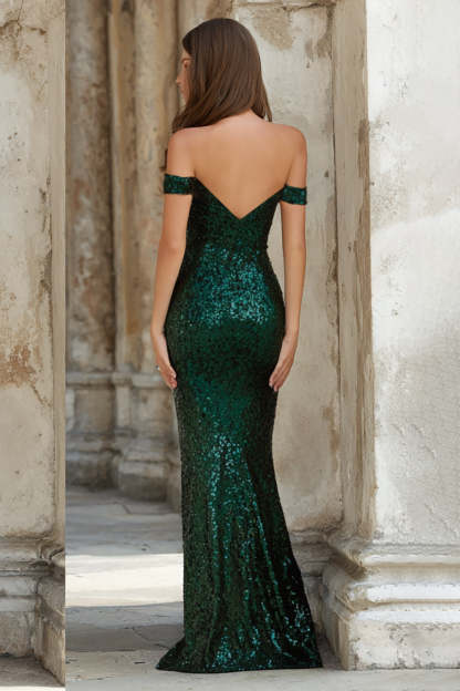 Sparkly Long Dark Green Off the Shoulder Mermaid Prom Dress