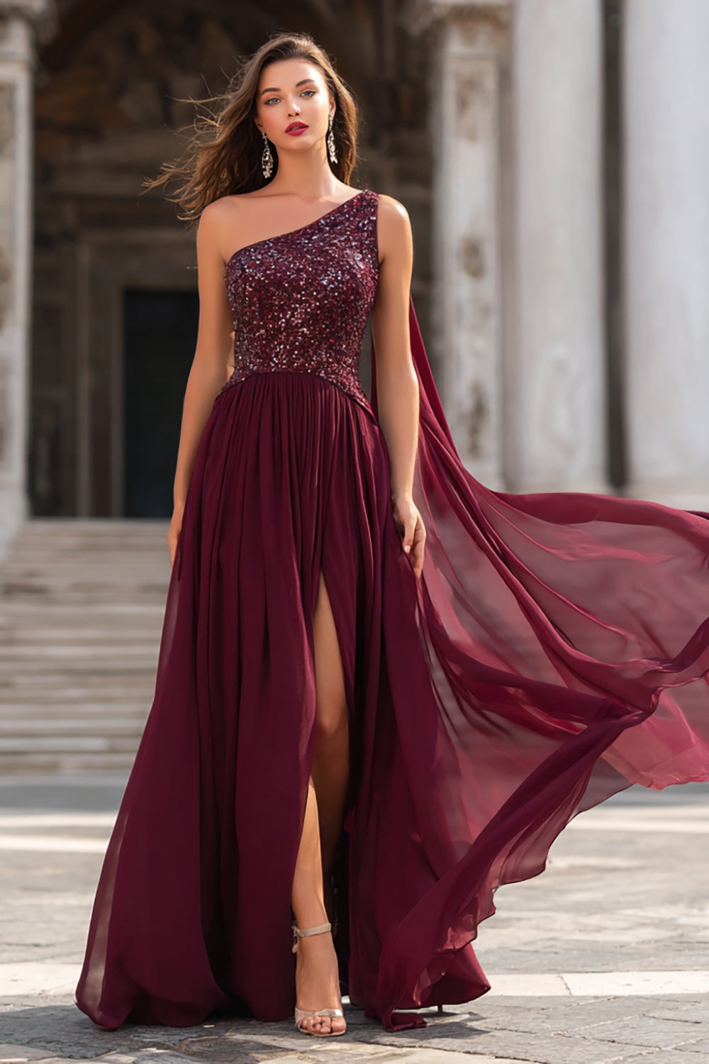 Burgundy One Shoulder Sparkly Long Prom Dress with Sequins