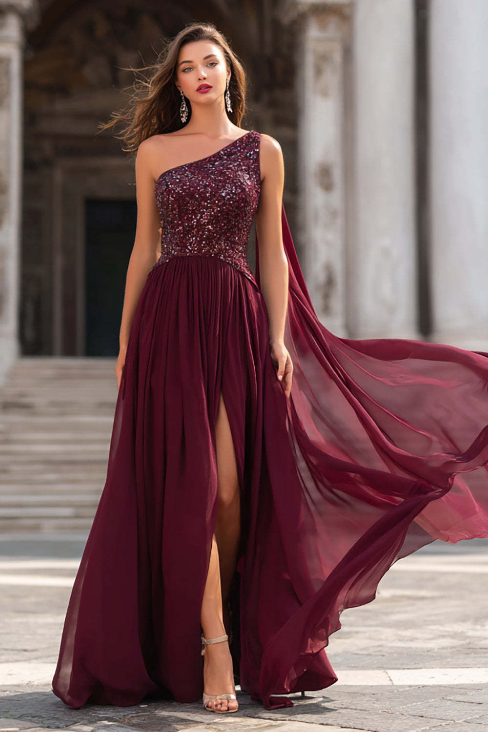 Leely Women Sparkly Burgundy Long Prom Dress with Sequins One Shoulder A Line Evening Dress with Slit