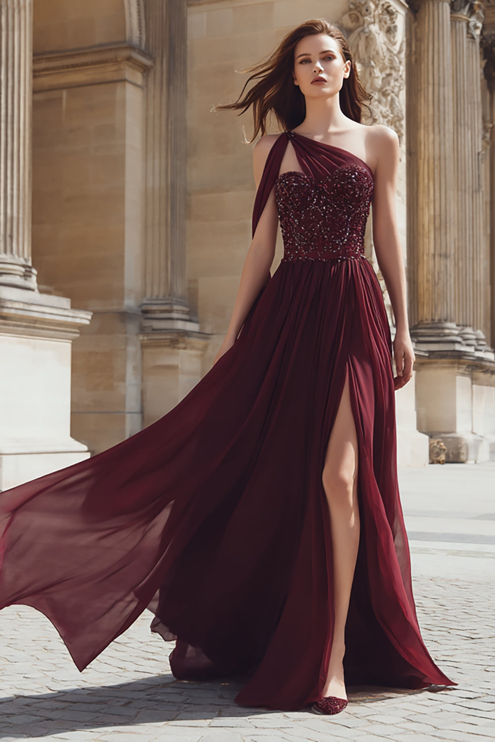 Leely Women Sparkly Burgundy Long Prom Dress with Slit Beaded One Shoulder A Line Evening Dress