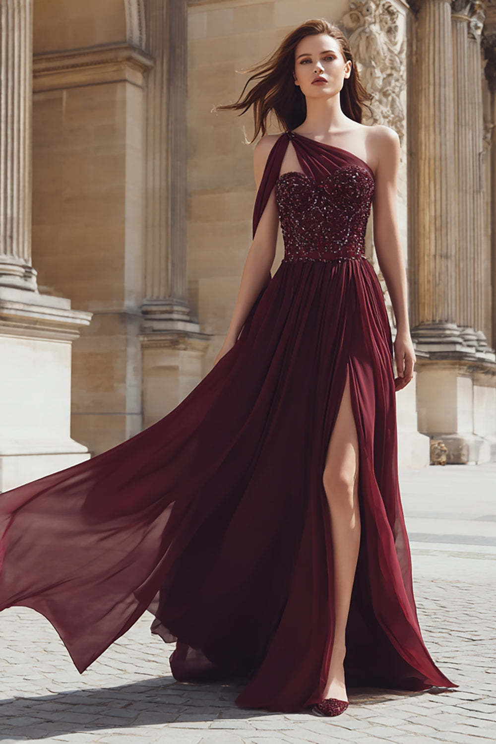 Leely Women Sparkly Burgundy Long Prom Dress with Slit Beaded One Shoulder A Line Evening Dress