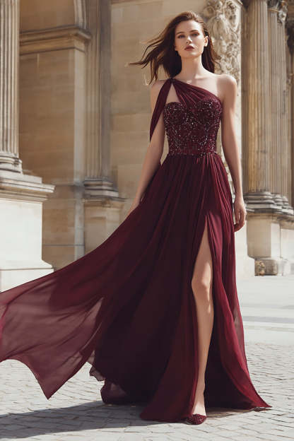 Leely Women Sparkly Burgundy Long Prom Dress with Slit Beaded One Shoulder A Line Evening Dress
