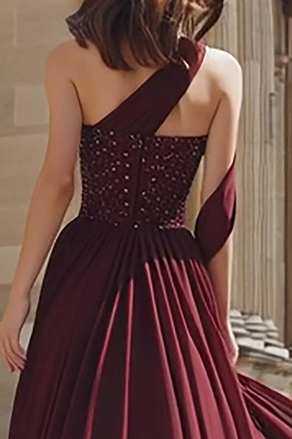 Sparkly Burgundy One Shoulder A Line Long Prom Dress with Slit