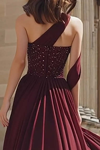 Sparkly Burgundy One Shoulder A Line Long Prom Dress with Slit