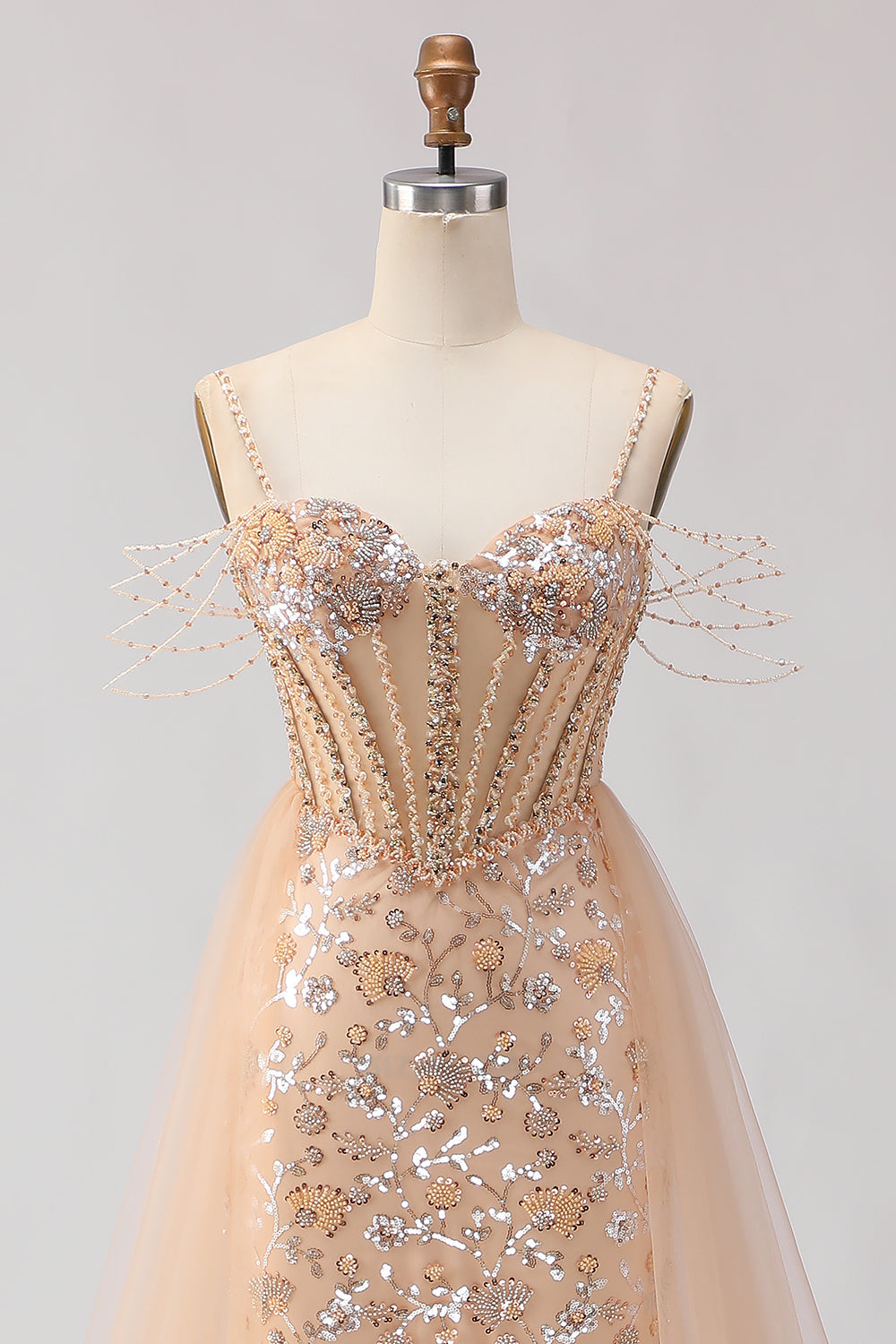 Sparkly Floral Champagne Beaded Tulle Long Corset Prom Dress