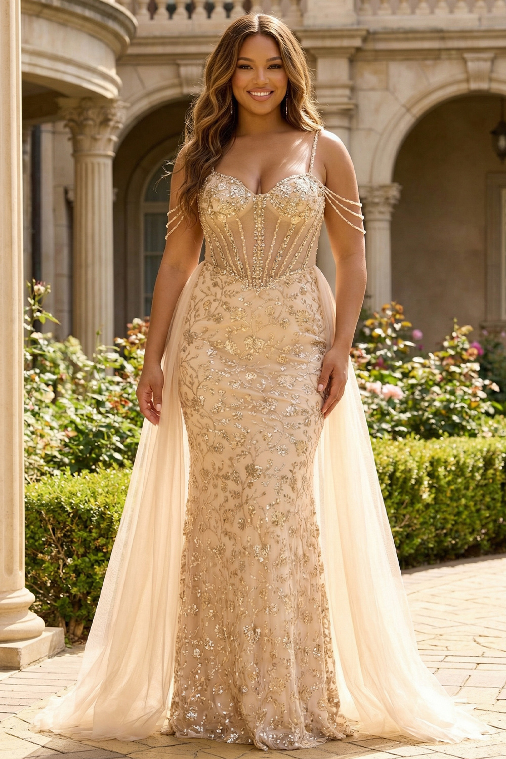 Floral Champagne Sparkly Sequin Cold Shoulder Long Corset Prom Dress with Cape
